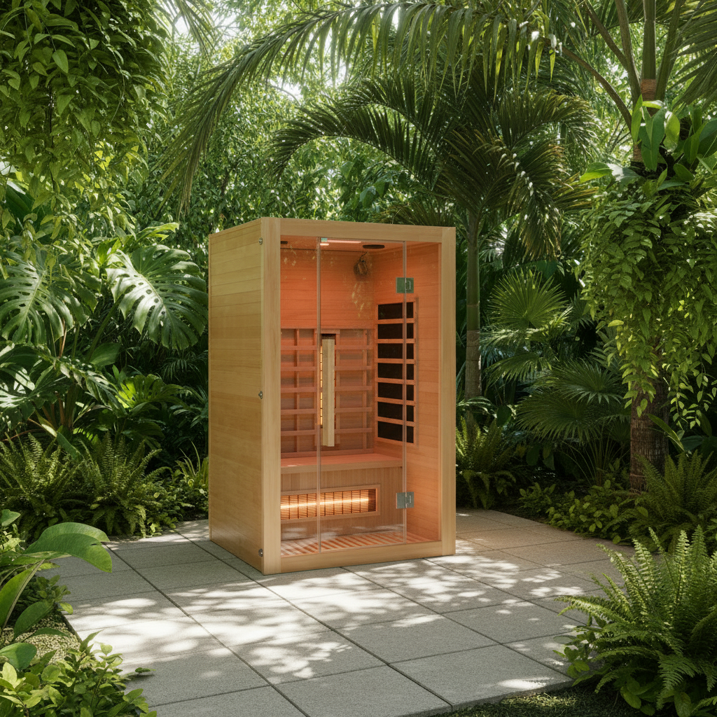 Clean 2-person sauna in outdoor garden